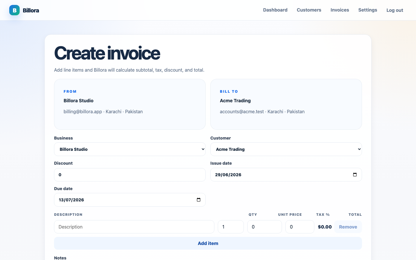 Desktop Billora invoice operations screen with invoices and status information