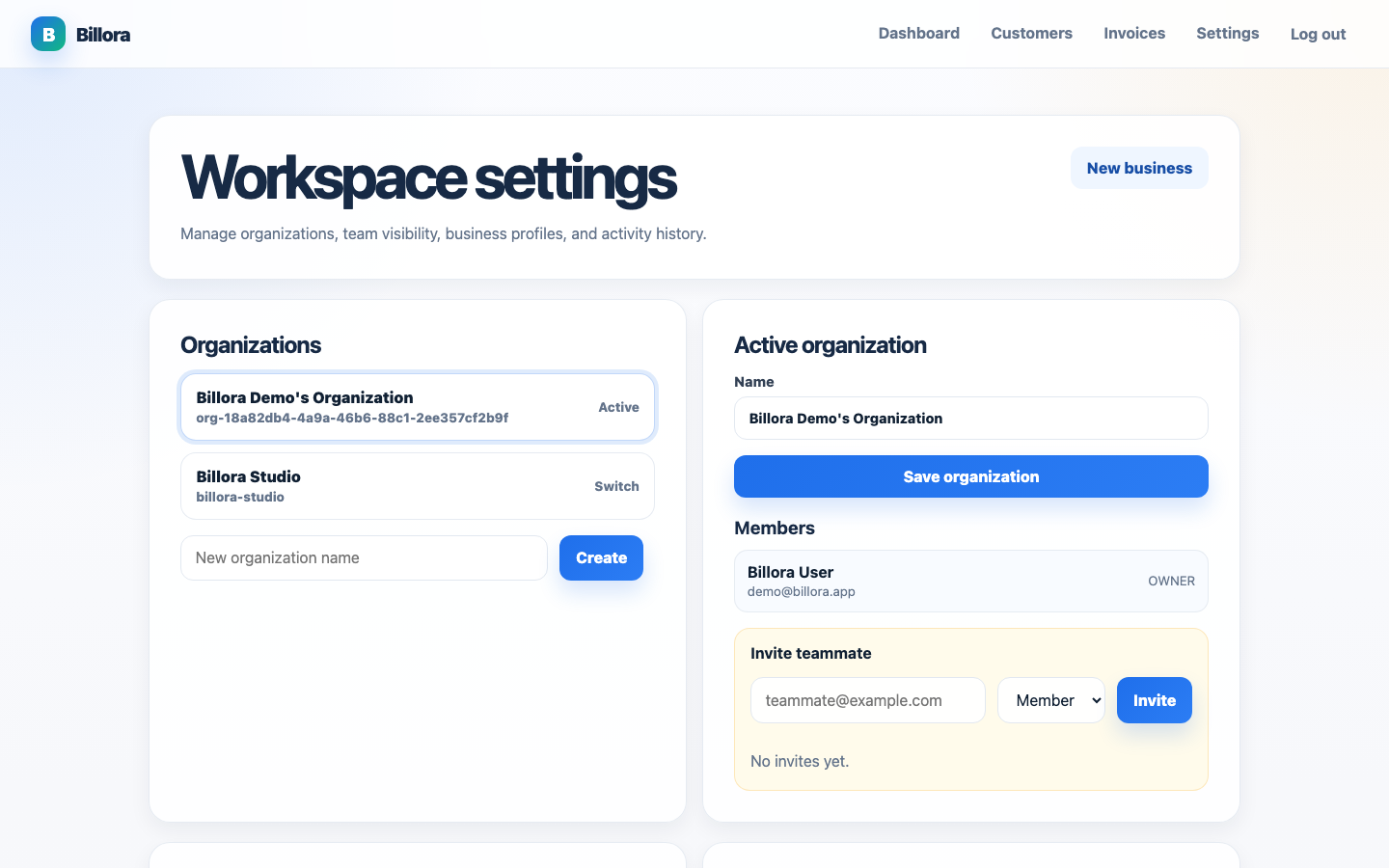 Desktop Billora organization settings screen