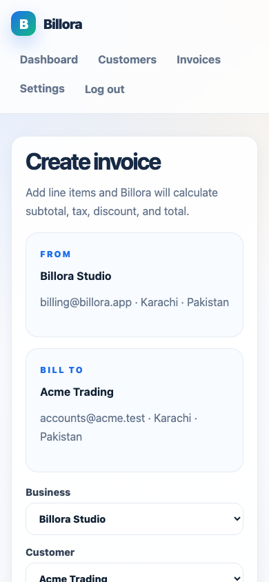 Mobile Billora invoices screen