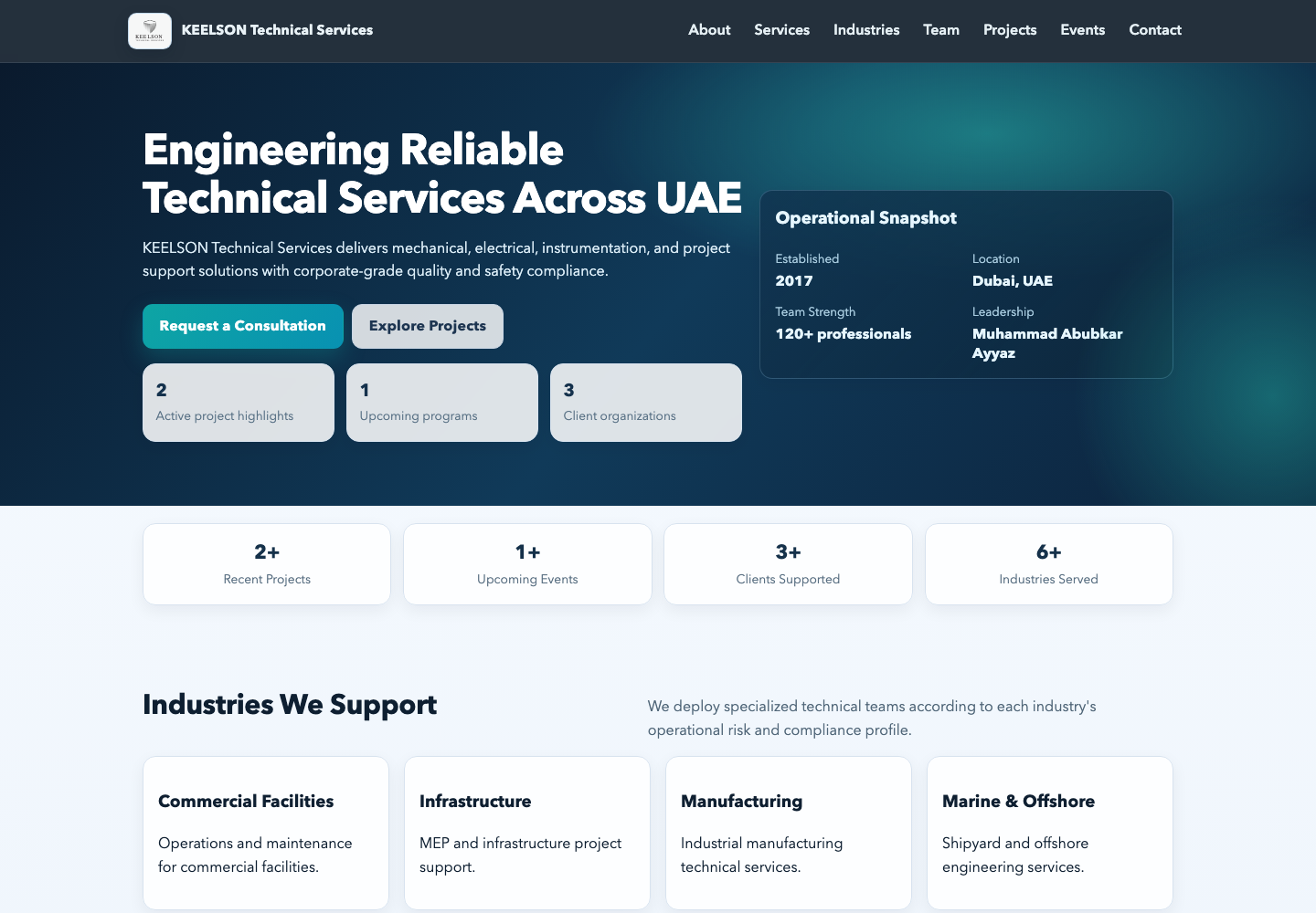 Desktop screenshot of a CMS-powered technical services website with hero content, metrics, and industry sections